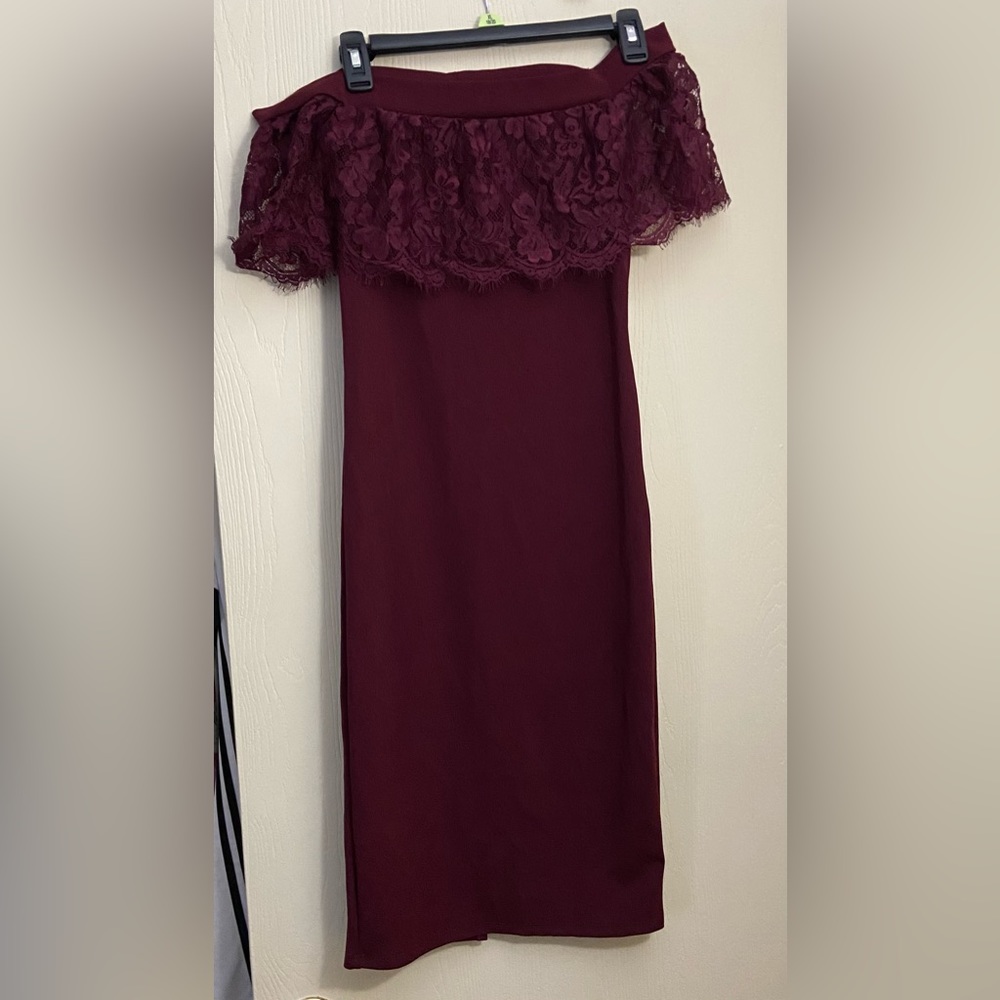 Maroon off shoulder dress with lace!